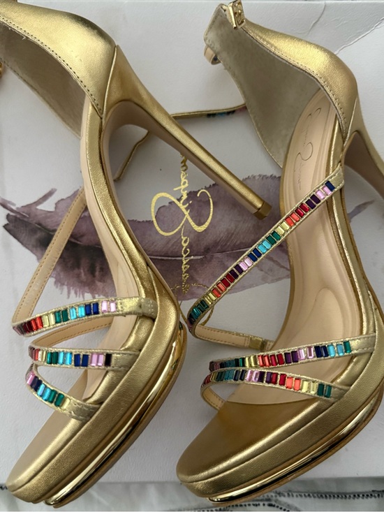 Jessica Simpson Shoes - Jessica Simpson Gold Metallic Platform Heels with Multicolor Gem Straps